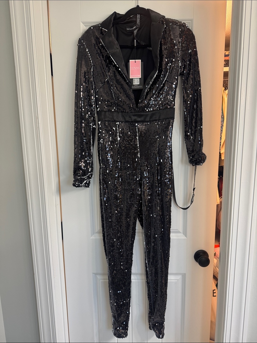 PrettyLittleThing Black Sequin Plunge Jumpsuit
